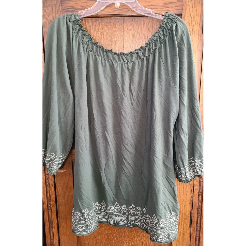 Lucky Brand Womens XL Olive Green Embroidered Cotton Peasant Blouse 7W60465 - Picture 2 of 8